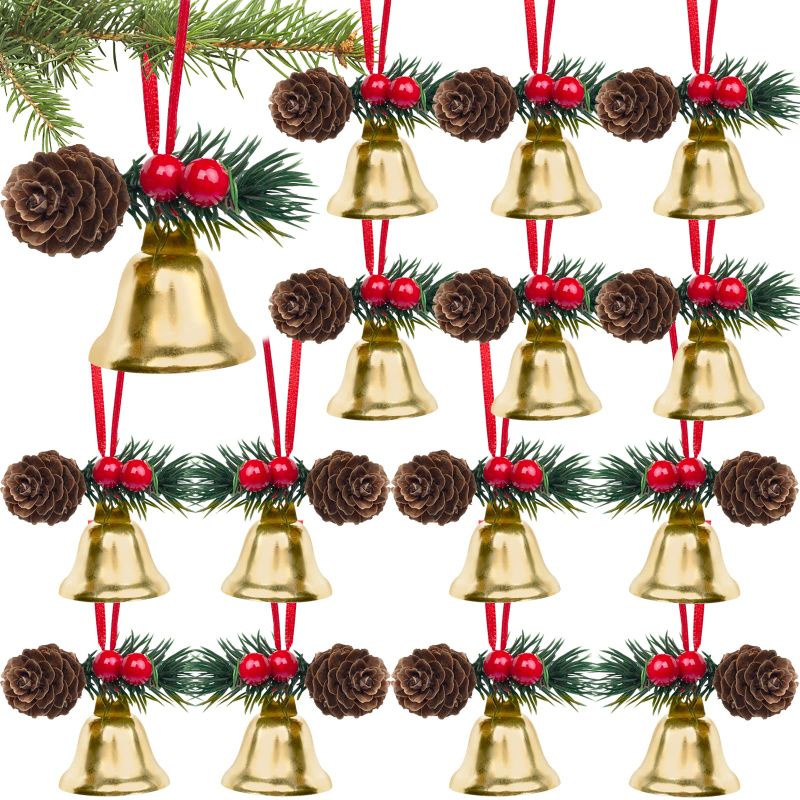 Photo 1 of MCPINKY Christmas Bells, 24PCS Gold Jingle Bells Craft Bells with Holly Leaves Berries Pinecones for Gift Bags Hanging Christmas Garland Decoration Xmas Tree Decor Craft Bells with Pinecones