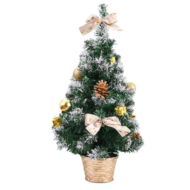Photo 1 of Uzoli 20inch Tabletop Artificial Christmas Tree Snow Flocked Mini Christmas Tree with Pine Cones,Christmas Bows,Decorative Balls and Gifts for Tabletop and Windowsill Decoration (20inch, Gold) 20inch Gold