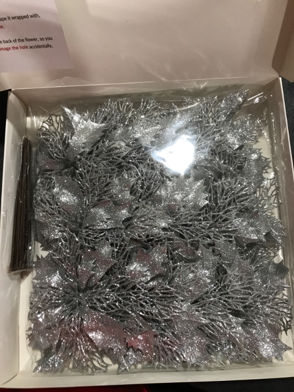 Photo 2 of 24 Pcs Christmas Silver Glittered Mesh Holly Leaf Artificial Poinsettia Flowers Picks Tree Ornaments 5.9" W for Silver Christmas Tree Wreath Garland Floral Gift Winter Wedding Holiday Decoration