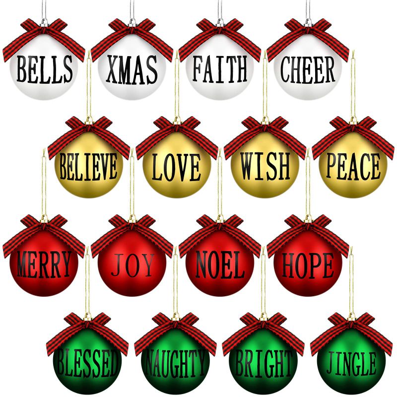 Photo 1 of 16 Pieces Christmas Ball Hanging Ornament Buffalo Plaid Xmas Tree Ornaments Matte Christmas Word Hanging Decoration with Bows for Farmhouse Party Supply (Black Red Plaid, White and Green Ball, 3 Inch) 3 Inch Black Red Plaid, White and Green Ball