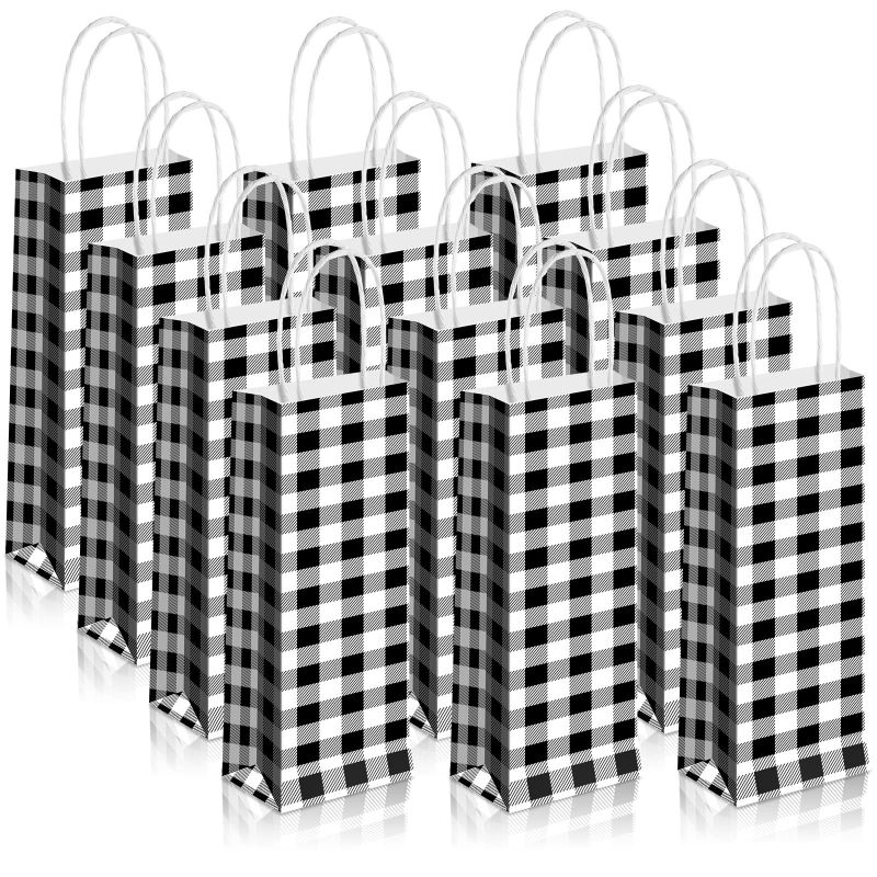 Photo 1 of 12 Pieces Christmas Wine Bags for Wine Bottles Buffalo Plaid Wine Bag Xmas Wine Bottle Bag Birthday Wine Present Bag Champagne Bottle Present Bags with Handles for Party (Black White)