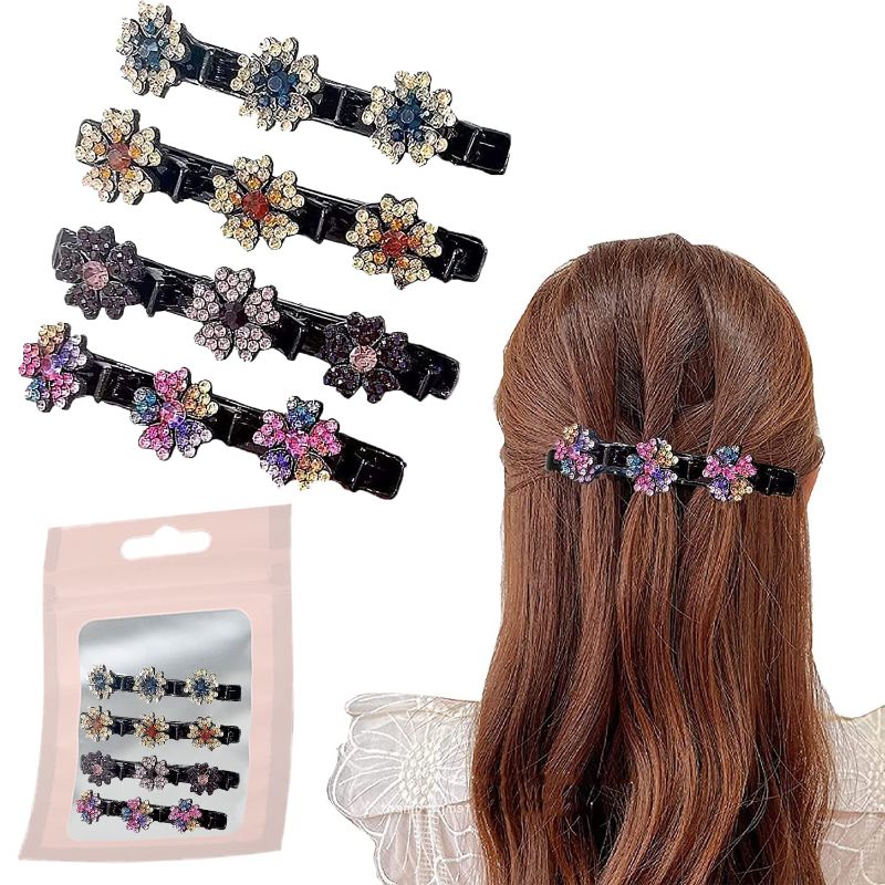 Photo 1 of 4 Pcs Sparkling Crystal Stone Braid Hair Clips, Fancy Flower Decorative Hairpin Duckbill Hair Barrettes with 3 Small Clips Braided Hair Clip Accessories...
