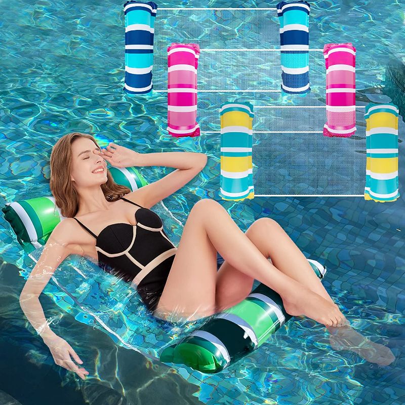 Photo 1 of Zcaukya 4 Pack Inflatable Pool Float Hammocks, 4-in-1 Water Floating Mesh Chair for Adults, Swimming Pool Drifter Saddle Lounge for Summer Events Pool Parties, Blue/Pink/Green/Yellow
