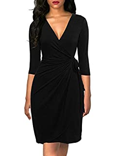 Photo 1 of Berydress Women's Elegant Draped V Neck Knee Length Sheath Wedding Party Night Out Work Black Wrap Dress with 3/4 Sleeves (L, 6083-Black) (B07G5X2VTQ)
