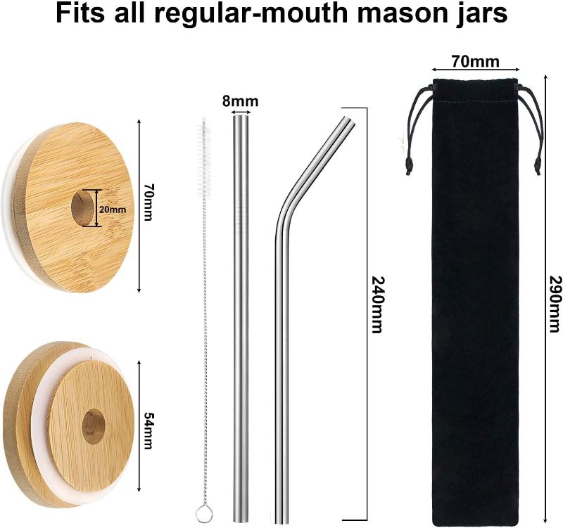Photo 1 of 8 PACK Bamboo Lids Mason Jar Lids with Straw Hole 70 mm Regular Mouth Wood Lids for Mason Jars with 4 Pieces Reusable Stainless Steel Straws, Cleaning Brush and Bag (Simple Style)