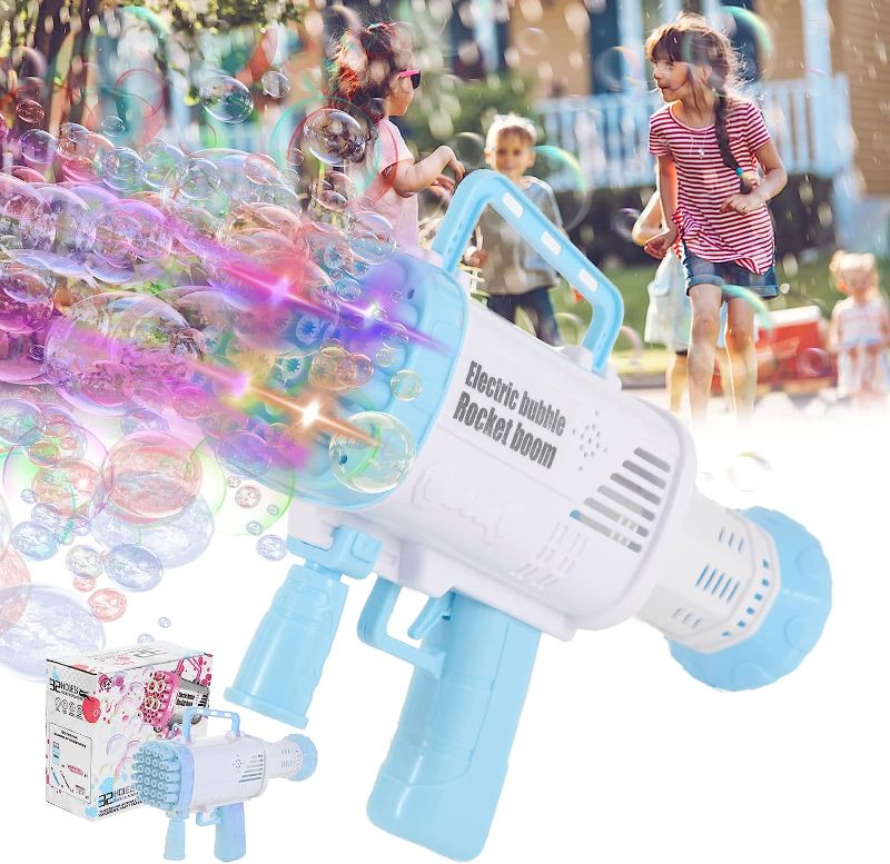 Photo 1 of Bazooka Bubble Gun Rocket Bubble Maker Machine with 32 Holes 4 LED Light Summer Toy for Boys Girls Age 3 4 5 6 7 8 9 10+ Years Old, for Children's Day Kids Birthday Bule (Blue)