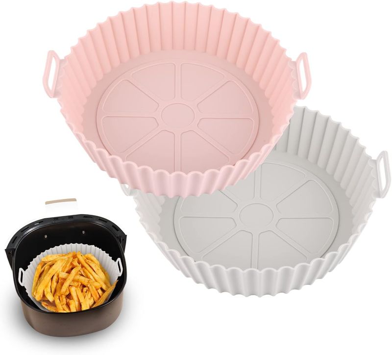 Photo 1 of 2-Pack Air Fryer Silicone Liners Pot for 3 to 5 QT, Air Fryer Silicone Basket Bowl, Replacement of Flammable Parchment Paper, Reusable Baking Tray Oven Accessories, Grey+Pink, (Top 8in, Bottom 6.88in)
