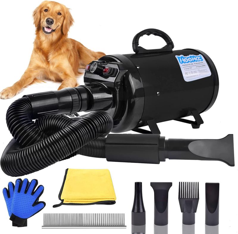 Photo 1 of Dog Dryer, 4.5HP All-in-one Pet Grooming Dryer with Adjustable Speed and Temperature Control Dog Blow Dryer, Dog Hair Dryer with 4 Nozzle, Comb, Towel & Glove (Black)
