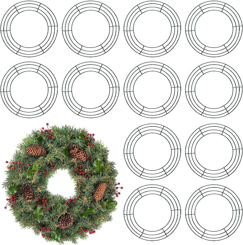 Photo 1 of 12 Pieces Metal Wreath Frame Dark Green Wire Round Wreath Rings Wire Wreath Frame for Christmas New Year Party Home Decor DIY Crafts Supplies (8 Inch)
