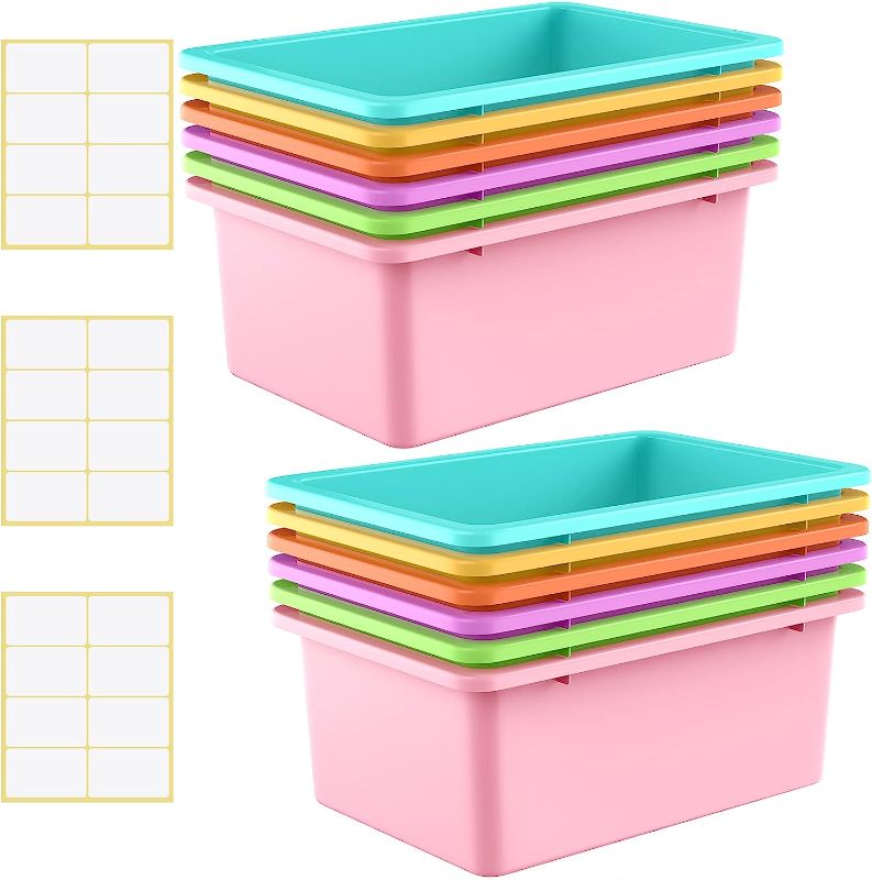 Photo 1 of 12 Pieces Plastic Cubby Bins Office Kids Storage Container Kids Toy Storage Organizer Bins with 1 Pack Self Adhesive Label for Classroom Office Home (Fresh Colors, 11.6 x 7.7 x 4.9 Inch)
