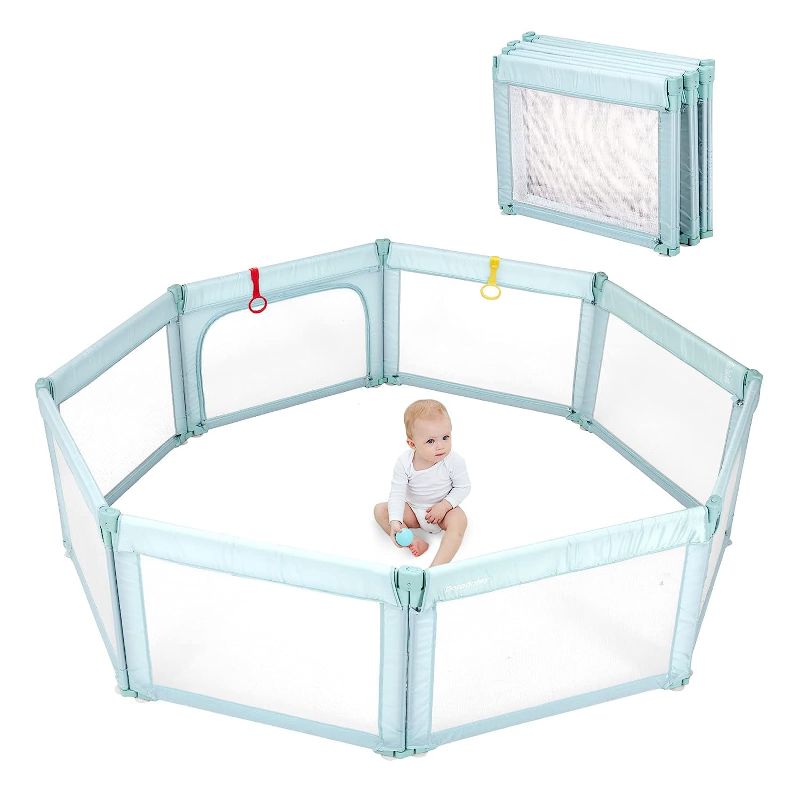 Photo 1 of Doradotey Baby Playpen, Shape & Size Adjustable Large Play Center Yards Play Pens for Babies, Foldable Infant Playpen Baby Fence Play Yard Safety Toddler Playpen(Light Green)