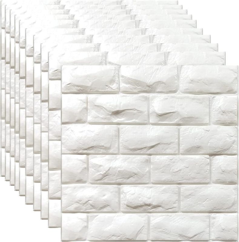 Photo 1 of 3D Wall Panels Peel and Stick 30PCS White Foam Brick Wallpaper for Bedroom Faux Stone Wall Panel Self-Adhesive Wallpaper (30PCS-29 Sq Ft, White)
