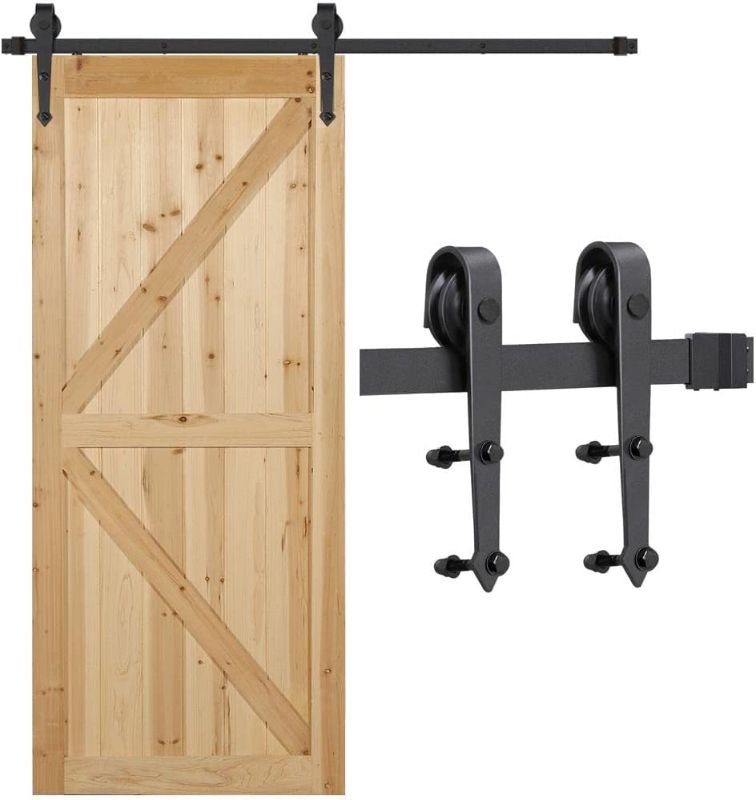 Photo 1 of Yaheetech 6Ft Sliding Barn Door Hardware Kit - Heavy Duty Single Door Track Rail Rollers System Set - Easy to Install - Fit 36" Wide Door Panel Black,Arrow J Shape Roller
