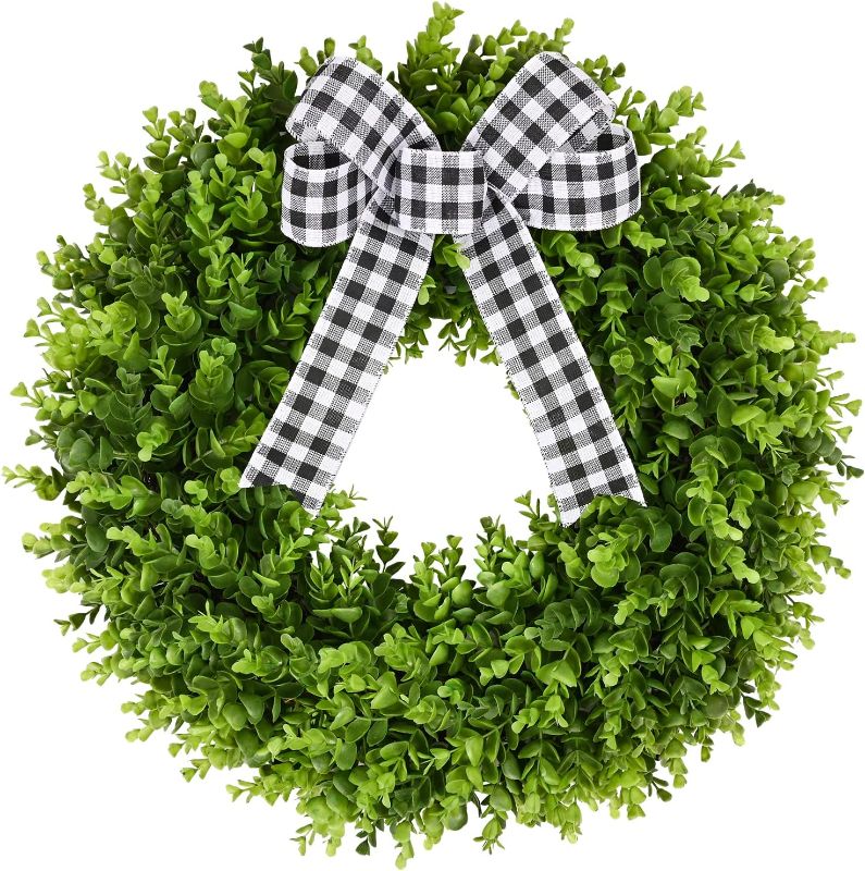 Photo 1 of 20" Faux Round Boxwood Wreath, Vlorart Artificial Boxwood Wreath Front Door Wreaths Artificial Spring Summer Greenery Hanging with A Plaid Bow for Front Door Wall Hanging Window Wedding Party Decor 