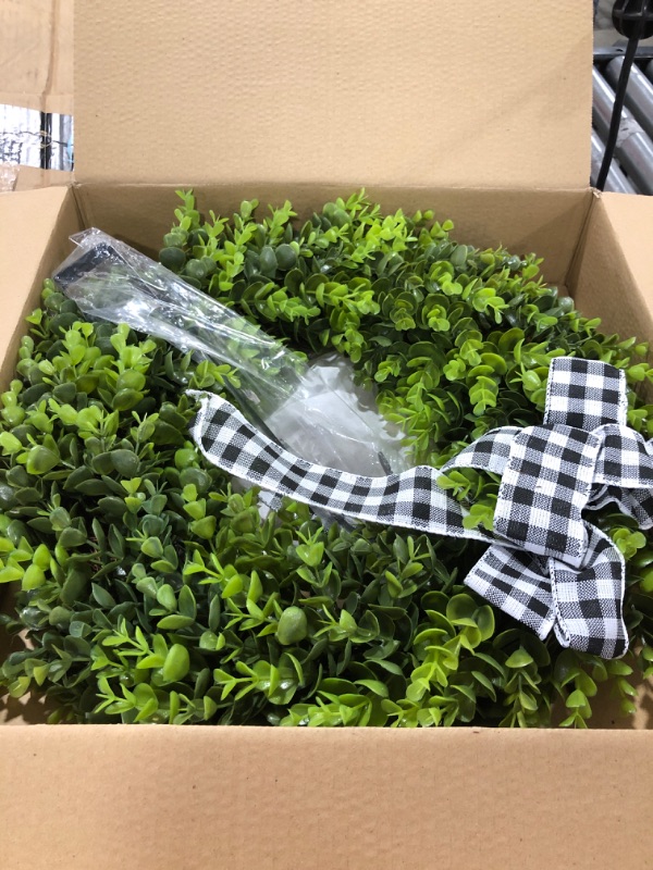 Photo 2 of 20" Faux Round Boxwood Wreath, Vlorart Artificial Boxwood Wreath Front Door Wreaths Artificial Spring Summer Greenery Hanging with A Plaid Bow for Front Door Wall Hanging Window Wedding Party Decor 