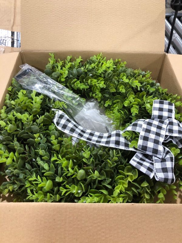 Photo 2 of 20" Faux Round Boxwood Wreath, Vlorart Artificial Boxwood Wreath Front Door Wreaths Artificial Spring Summer Greenery Hanging with A Plaid Bow for Front Door Wall Hanging Window Wedding Party Decor
