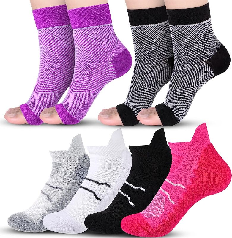 Photo 1 of 6 Pairs Ankle Compression Sock and Open Toe Compression Foot Sleeves Set, M Size Running Sock Athletic Ankle Socks Ankle Sleeves for Women Ankle Support
