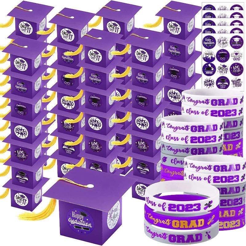 Photo 1 of 209 Pieces Graduation Gifts Box Set Including 100 Pcs Graduation Cap Boxes 100 Pcs Graduation Wristbands Class of 2023 Silicone Bracelets with 9 Stickers for 2023 Grad Party Favors (Purple)
