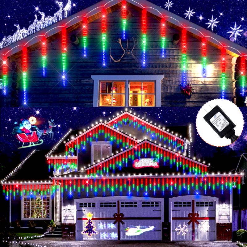 Photo 1 of Heceltt Crystal Ice Falling Lights, 10 Tubes Christmas Lights Outdoor Connectable, 16 Inch 300 LED Meteor Shower Lights for Holiday Patio Trees Roof Eave Christmas Decorations, Multi Color Multicolor