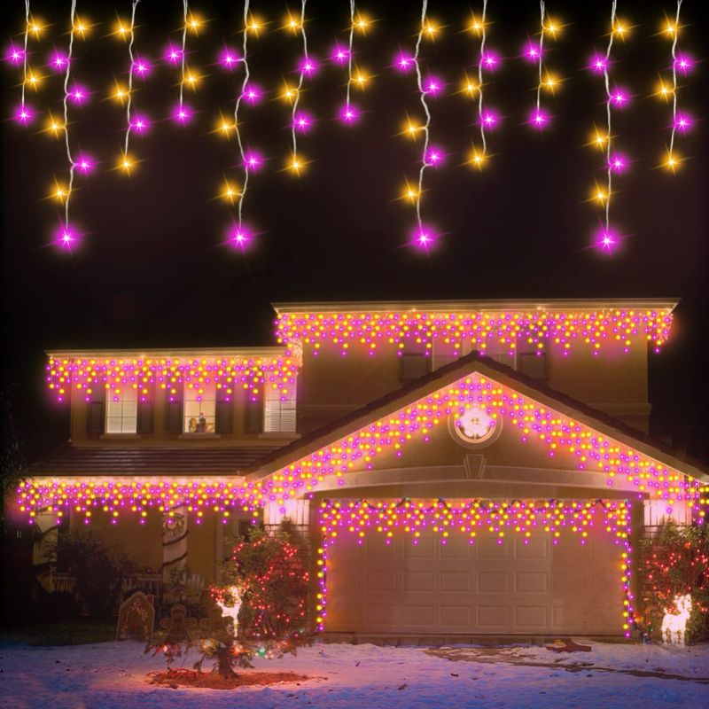 Photo 1 of 1216 LED Purple and Orange Christmas Icicle Lights, 99 Ft Long Bush Christmas Lights Outdoor Decorations 8 Modes LED Lights 228 Drops Plug-in String Icicle Lights Indoor Party Home Tree Yard Room 1216 Purple and Orange Leds 99 Ft Long