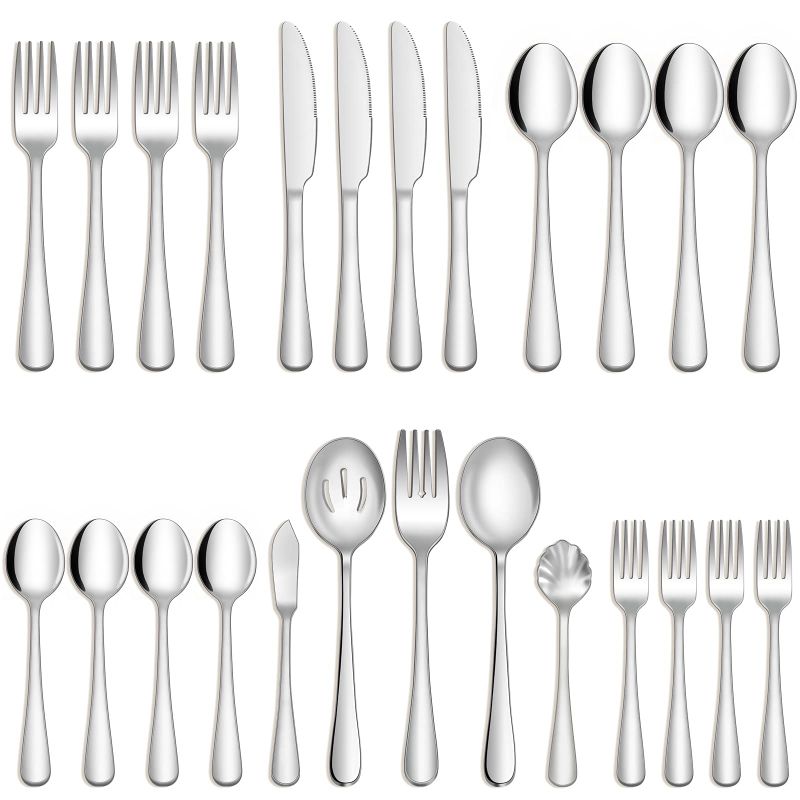 Photo 1 of Hiware 25-Piece Silverware Set with Serving Utensils for 4, Food Grade Stainless Steel Flatware Cutlery Set for Home and Restaurant, Fork Spoon Knife Set, Mirror Finish, Dishwasher Safe Silver 25