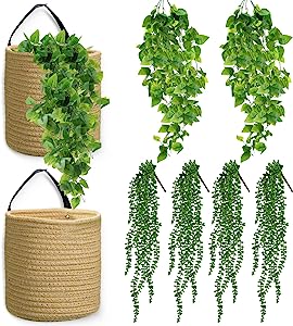 Photo 1 of 2 Pcs Jute Hanging Basket Woven Fern Hanging Rope Basket 11.8 x 7 x 4.7 Inch Boho Plants Wall Basket with 2 Pcs Fake Ivy Leaves and 4 Pcs Artificial Succulents Hanging Plants for Home Garden Flowers