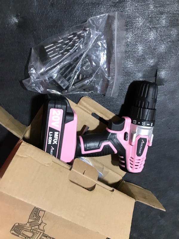 Photo 2 of AVID POWER 20V MAX Lithium lon Cordless Drill Set, Power Drill Kit with Battery and Charger, 3/8-Inch Keyless Chuck, Variable Speed, 16 Position and 22pcs Drill Bits (Pink) 2-pink