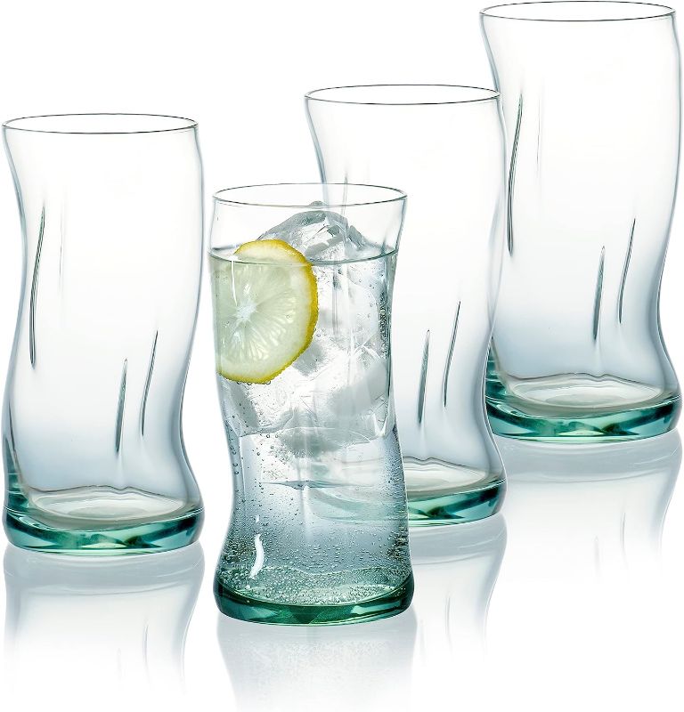 Photo 1 of Red Co. Set of 4 Tall Wavy 100% Recycled Glass Beverage Drinking Tumblers, 15 Oz, Clear/Turquoise Gradient
