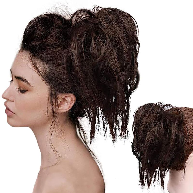 Photo 1 of HMD Tousled Updo Messy Bun Hair Piece Hair Extension Ponytail With Elastic Rubber Band Updo Extensions Hairpiece Synthetic Hair Extensions Scrunchies Ponytail Hairpieces for Women (Tousled Updo Bun, Darkest Brown)
