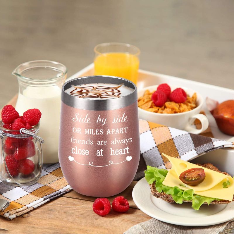 Photo 1 of 12 Oz Insulated Friends Wine Tumbler with Lid, Side By Side or Miles Apart Friends Are Always Close at Heart Stainless Steel Wine Tumbler for Friendship Friends Long Distance Friends Women, Rose gold
