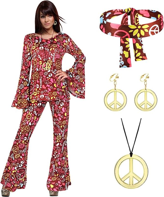 Photo 1 of 5 Pieces 70s Women Hippie Costume Set Bell Bottom Boho Flared Pant Hippie Shirt with Peace Sign Earring Necklace Headband
