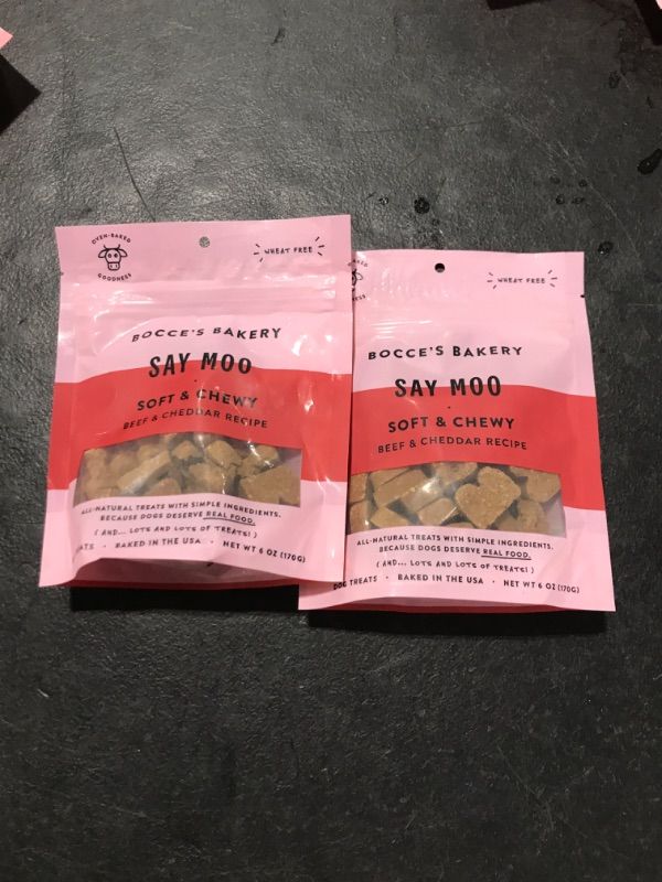 Photo 2 of 2 PACK - Bocce's Bakery Oven Baked Say Moo Treats for Dogs, Wheat-Free Everyday Dog Treats, Made with Real Ingredients, Baked in The USA, All-Natural Soft & Chewy Cookies, Beef & Cheddar Recipe, 6 oz - EXP - 11-11-24 
