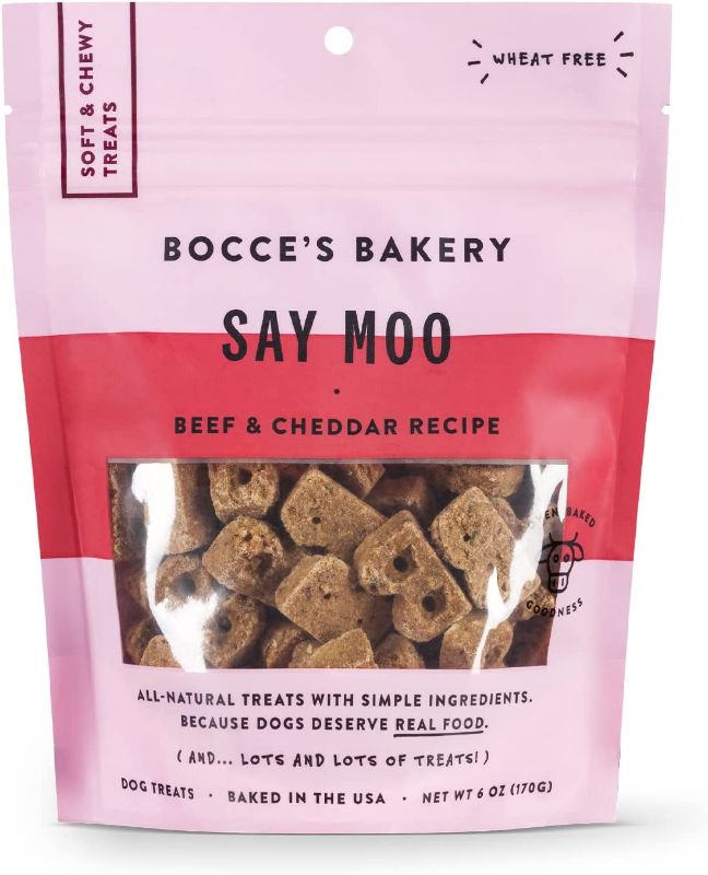 Photo 1 of 2 PACK - Bocce's Bakery Oven Baked Say Moo Treats for Dogs, Wheat-Free Everyday Dog Treats, Made with Real Ingredients, Baked in The USA, All-Natural Soft & Chewy Cookies, Beef & Cheddar Recipe, 6 oz - EXP - 11-11-24 
