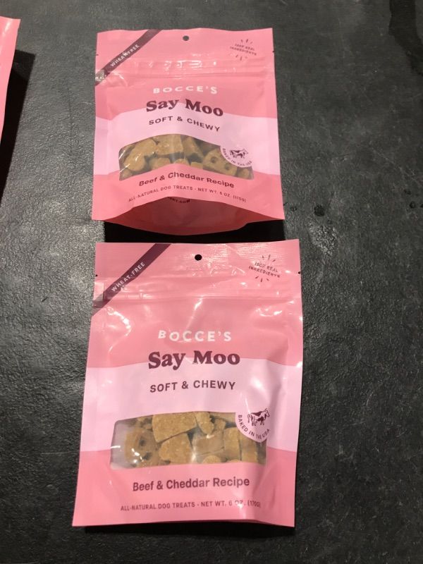 Photo 2 of 2 PACK - Bocce's Bakery Oven Baked Say Moo Treats for Dogs, Wheat-Free Everyday Dog Treats, Made with Real Ingredients, Baked in The USA, All-Natural Soft & Chewy Cookies, Beef & Cheddar Recipe, PACKAGING VARY 6 oz - EXP - 11-11-24 
