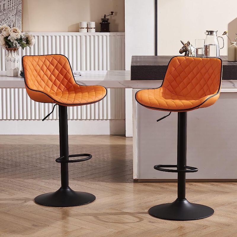 Photo 1 of  Orange Black Bar Stools Set of 2 Adjustable Counter Height Barstools Faux Leather Bar Stool with Back,Swivel Modern Metal Diamond Bar Chairs Home Kitchen Island Restuarant
