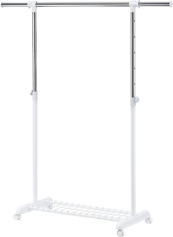 Photo 1 of LiaMeE Free Standing Clothing Rack on Wheels, Adjustable Garment Rack & Organizer, Extendable Rolling Clothes Rack with Shelf & Grid, Easy Assembly Standard Rod for Hanging Clothes, White & Chrome
