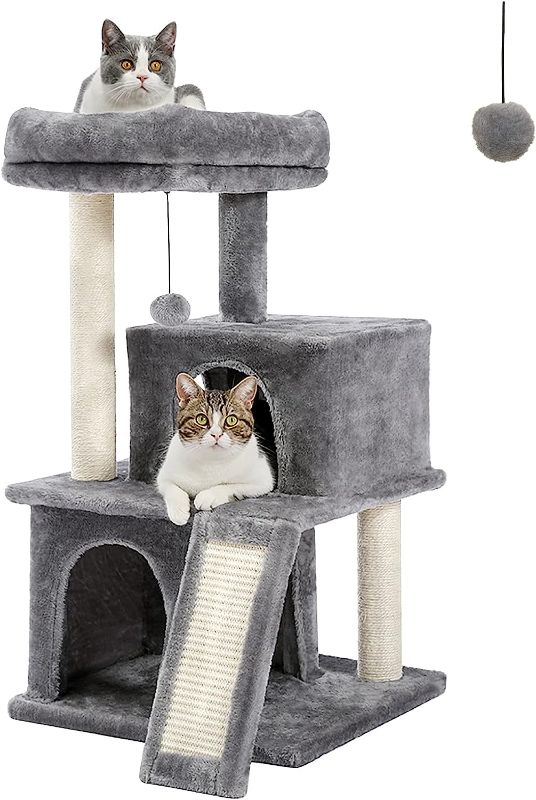 Photo 1 of 
 Cat Tree Multilevel Cat Tower with Double Condos, Spacious Perch, Fully Wrapped Scratching Sisal Post and Replaceable Dangling Balls Gray, 20x18x34