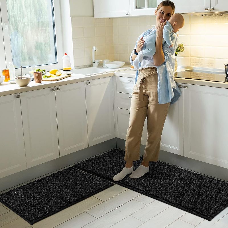 Photo 1 of  Kitchen Rugs and Mats Set 2 Piece, (30"X17"+48"X17") Black Chenille Kitchen Runner Rug for Floor Non Skid Washable, Soft, Absorbent, Long Kitchen Comfort Mat for Floor in Front of Sink
