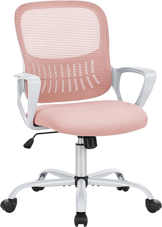 Photo 1 of SMUG Office Mid Back Ergonomic Mesh Computer Desk Larger Seat, Executive Height Adjustable Swivel Task Chair with Lumbar Support Armrest for Women Adults, Pink