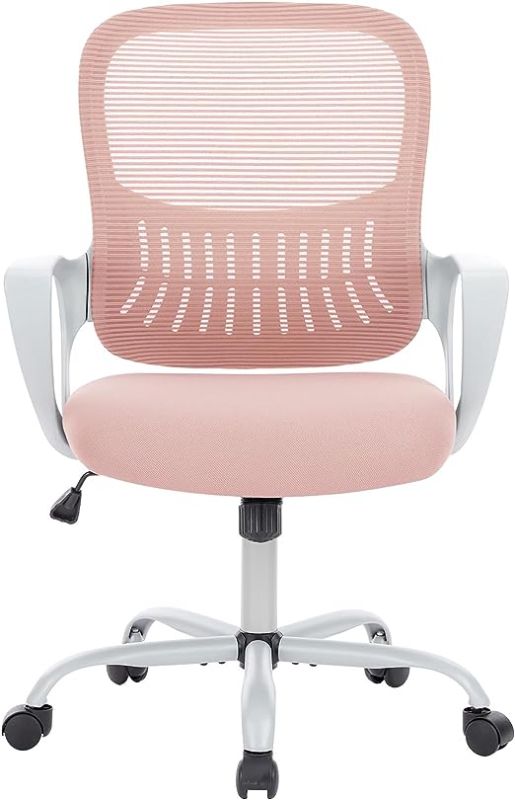 Photo 1 of SMUG Ergonomic Computer Gaming Arms, Home Office Desk Wheels,Mid-Back Task Rolling Lumbar Support, Comfy Mesh Swivel Executive Chair, 18.5" D x 20.08" W x 41.5" H, Pink