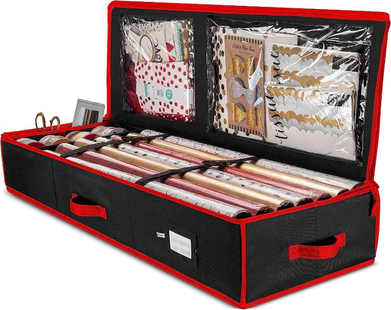 Photo 1 of Zober Premium Wrapping Paper Storage Container, with Interior Pockets, fits 18-20 Standard Rolls, Gift Wrap Organizer and Under Bed Storage Bin for Bows, Ribbons, and Wrapping Paper, 40” Length - Tear-Proof Fabric
