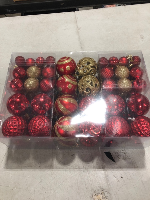 Photo 2 of 100PCS Christmas Ball Ornaments, Assorted Shatterproof Christmas Tree Decorations, Seasonal Decorative Hanging Baubles Decor Set for Xmas/Holiday/Party, Glitter&Painting Ornament Set(Red Gold)