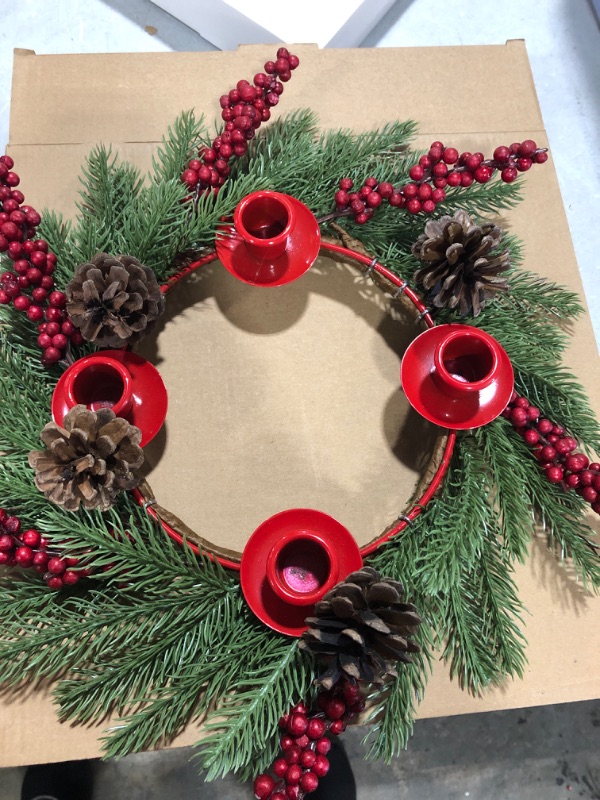 Photo 2 of [Safety Fire Retardant] Christmas Red Advent Wreath Decoration, Realistic Spruce Christmas Centerpiece with 4 Candle Holder Pinecone 6 Berry Advent Decor for Table Holiday Home Church (No Candles)