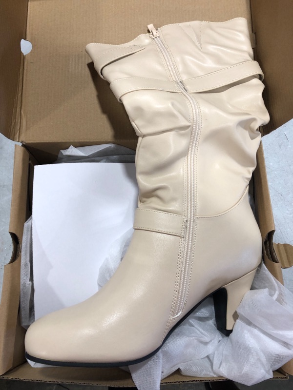 Photo 2 of Coutgo Womens Slouchy Mid Calf Boots Chunky Heel Faux Leather Knee High Boots Side Zipper Metal Buckle Folds Winter Boots Beige
SIZE 7.5