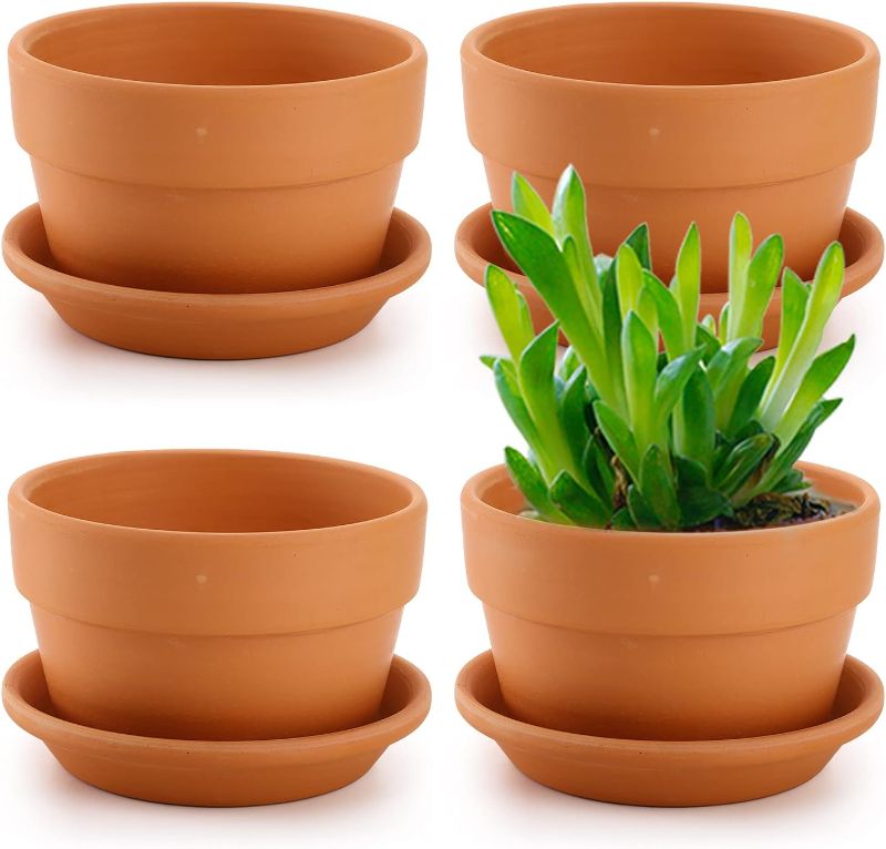 Photo 1 of  4 Pack Terracotta Pots with Saucer, 6 Inch Large Terra Cotta Plant Pot with Drainage Hole, Clay Flower Planter Pot with Tray for Indoor Outdoor Plant 