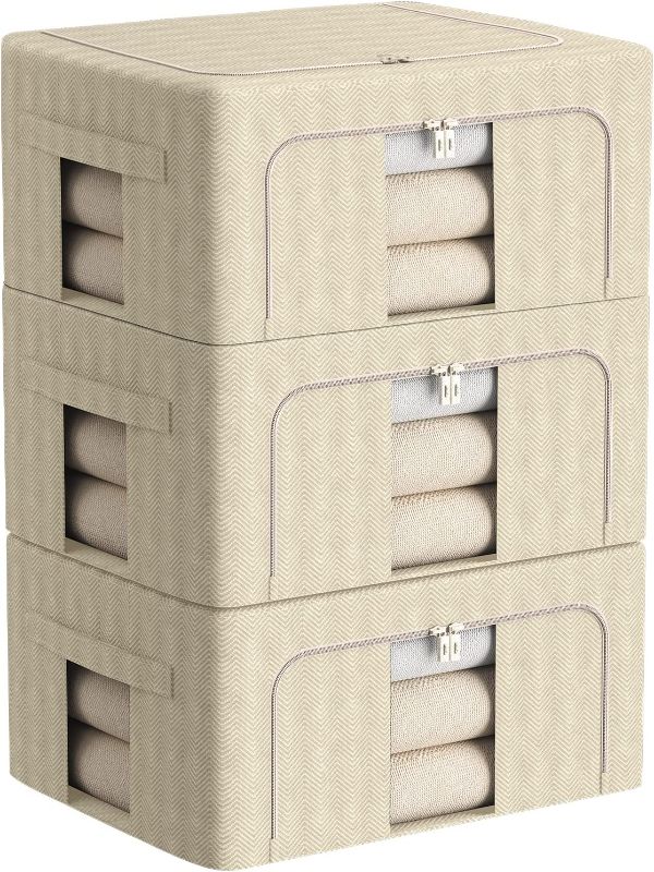 Photo 1 of 3 Pack Clothes Storage Organizer Bins - Foldable Metal Frame Storage Bins Stackable Oxford Cloth Fabric Container Organizer Set with Carrying Handles and Clear Window (Extra Large-100L, Beige) 