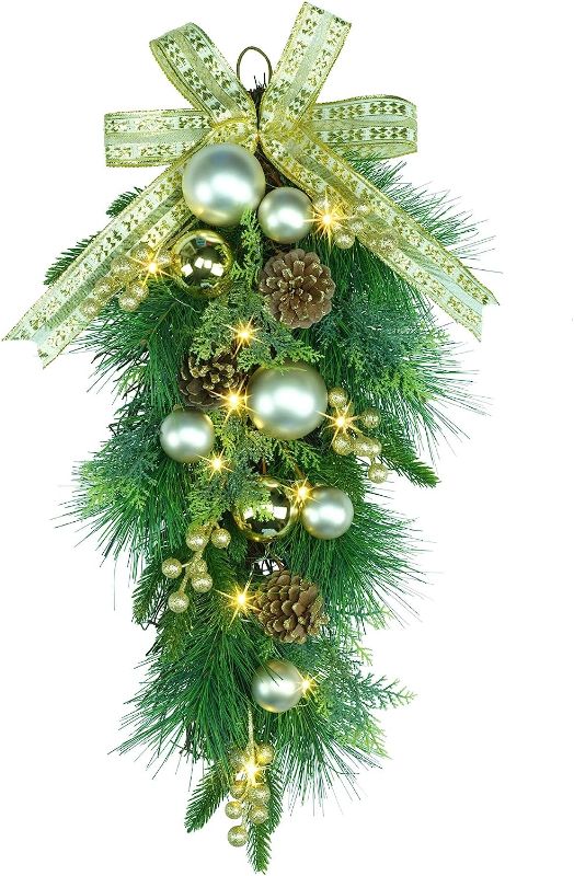 Photo 1 of 24" Pre-lit Decorative Teardrop Swag, Battery Operated Christmas Swag with Fairy Lights, Gold Bow & Baubles, Pine Cones, Golden Berries, Green Leaves Holly, Spruce Branches, Pine Needles (Gold)