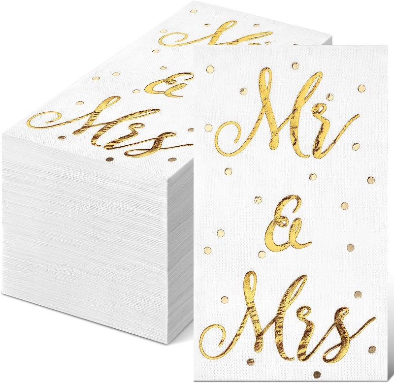Photo 1 of 120 Pcs Napkins for Wedding Reception Gold Napkins Mr and Mrs Napkins for Wedding Disposable Gold and White Napkins Wedding Table Decorations Gold Foil Napkin for Anniversary Party Celebration