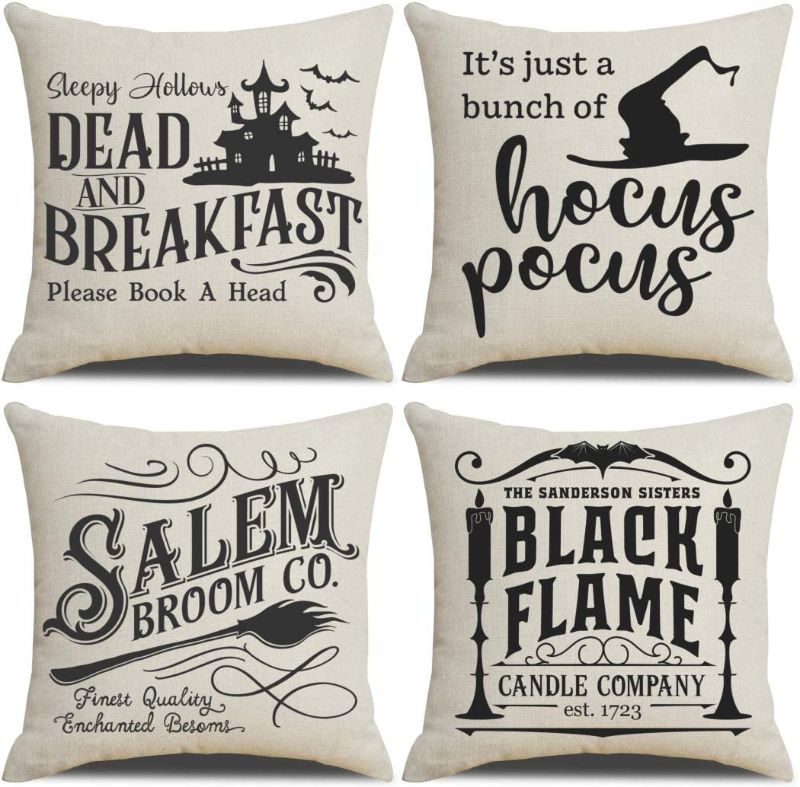 Photo 1 of PSDWETS Halloween Decor Throw Pillow Covers Set of 4 Halloween Decorations Hocus Pocus Farmhouse Saying Fall Pillow Covers 18 x 18 Inches for Home Couch