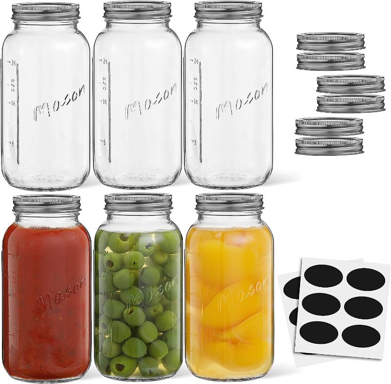 Photo 1 of 32 Oz Mason Jars With Lids, Labels and Measures! 6-Pack Regular Mouth Mason Jars, Glass Jar with Lid and Band. Airtight Canning Jars, Overnight Oats Jars, Salad Jars, Sourdough Starter Jar